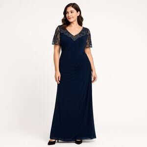 XSCAPE Size 16 Women's Beaded Chiffon Long Gown Navy Blue Formal Eveneing